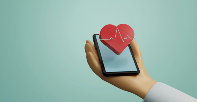 vor einem Handy ist ein rotes Herz mit Frequenz-Kurven abgebildet