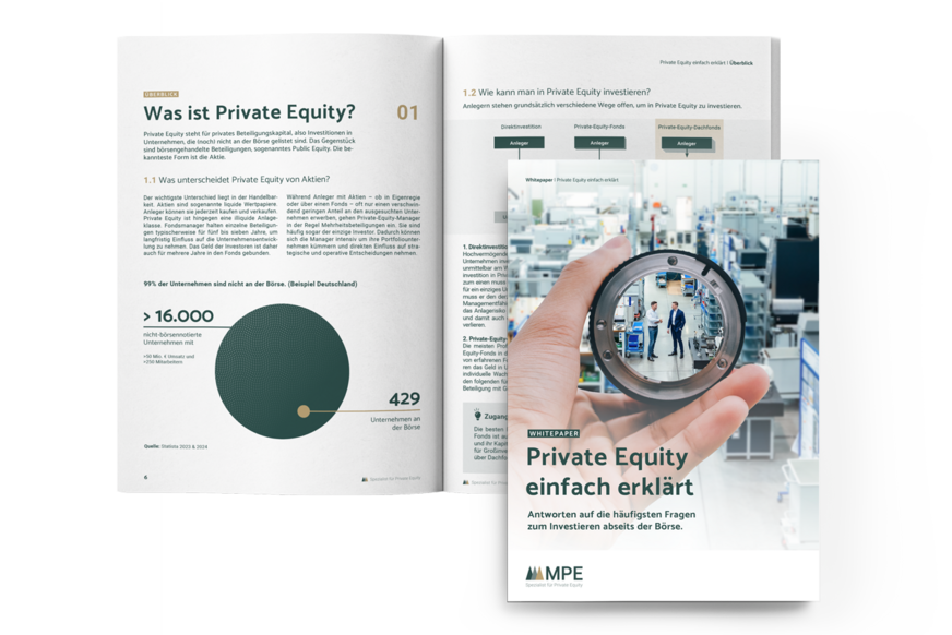 Darstellung des Deckblatts des Private Equity Whitepapers sowie einer aufgeschlagenen Seite